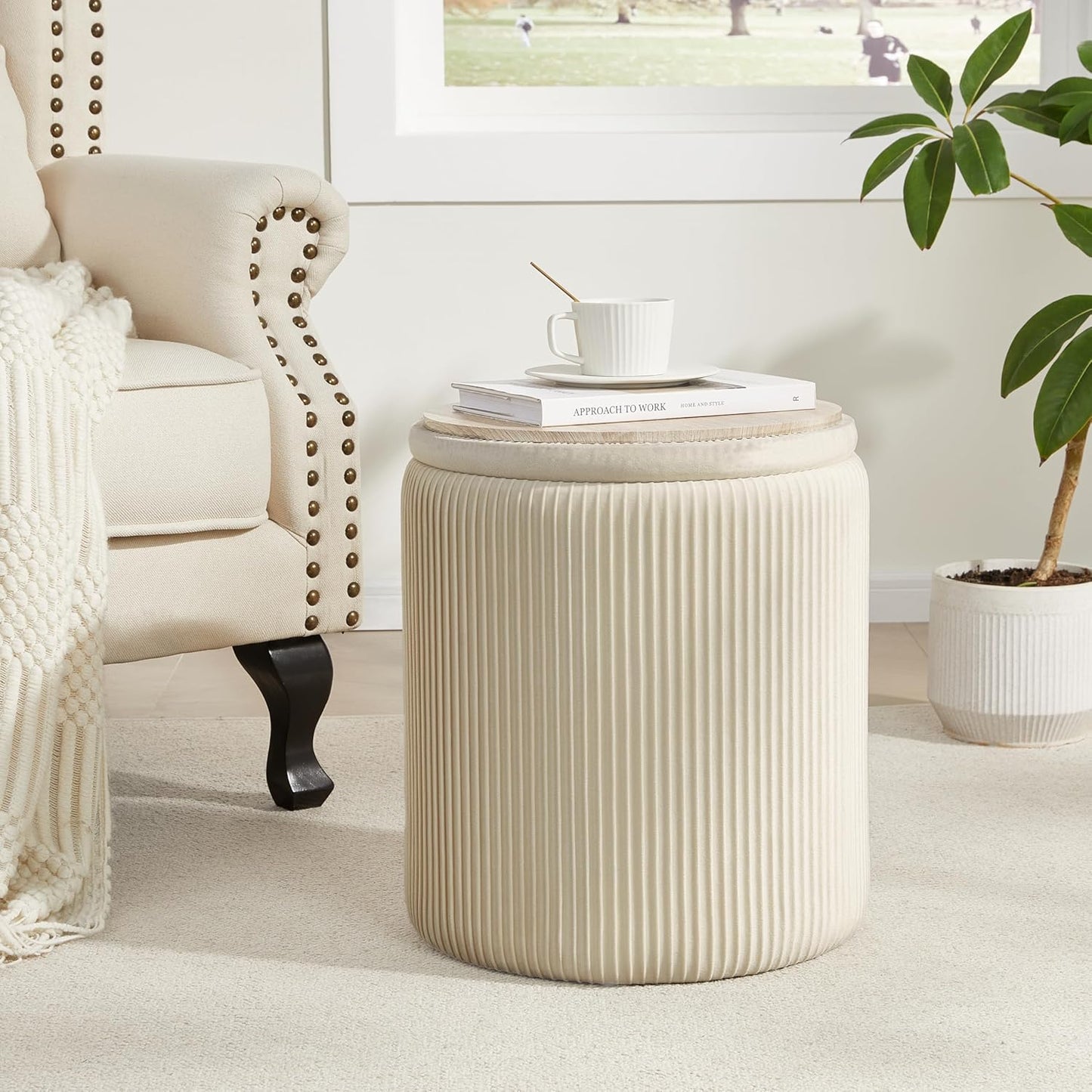 Round Ottoman with Storage Set of 2,Vanity Stool with Storage for Bedroom, Ottoman Coffee Table,Small Velvet Foot Stool for Living Room, Beige