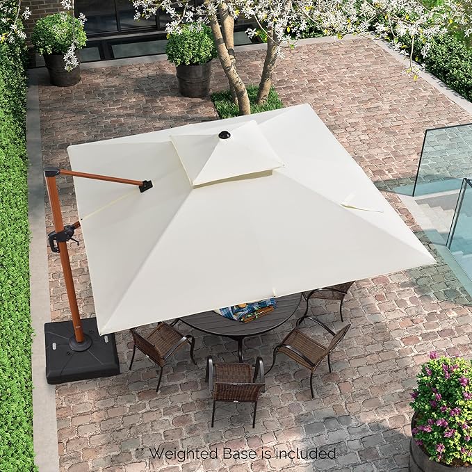 PURPLE LEAF 10ft Patio Umbrella with Base Outdoor Square Umbrellas Large Cantilever Umbrella Windproof Offset Heavy Duty Sun Umbrellas for Garden Deck Pool Patio, Cream