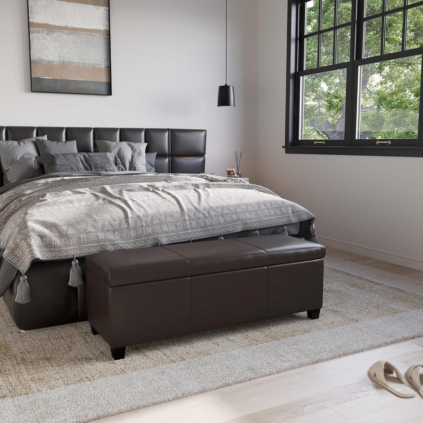 BELLEZE Storage Faux Leather Ottoman, 47 Inch Bench Bedroom Bench with Safety Close Hinge, Extra Long Ottoman with Storage for Living Room, Entryway, Hallway, Foot Rest, Support 300lbs - Brown