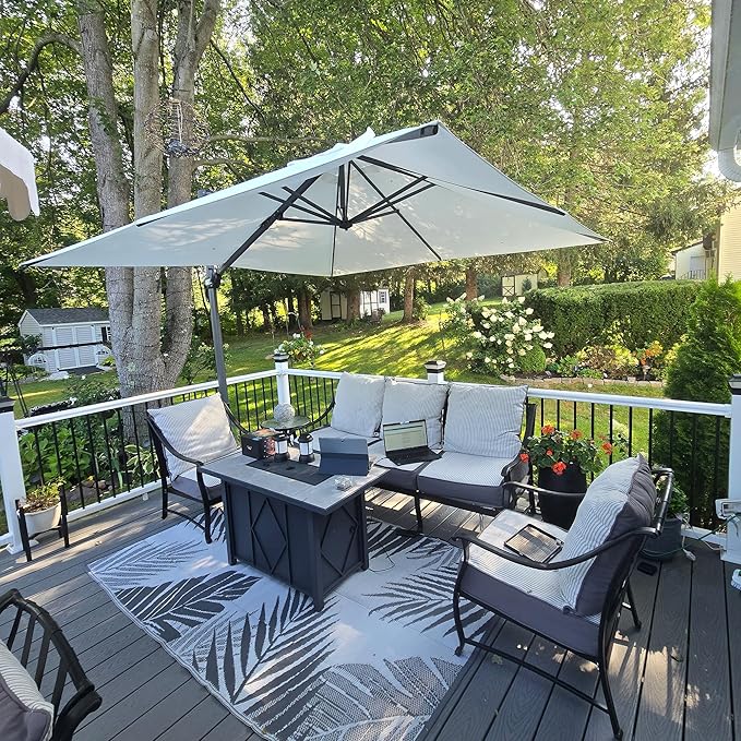 PURPLE LEAF 9 Feet Patio Umbrella with Base Outdoor Cantilever Square Umbrella Aluminum Offset Umbrella with 360-degree Rotation for Garden Deck Pool Patio White