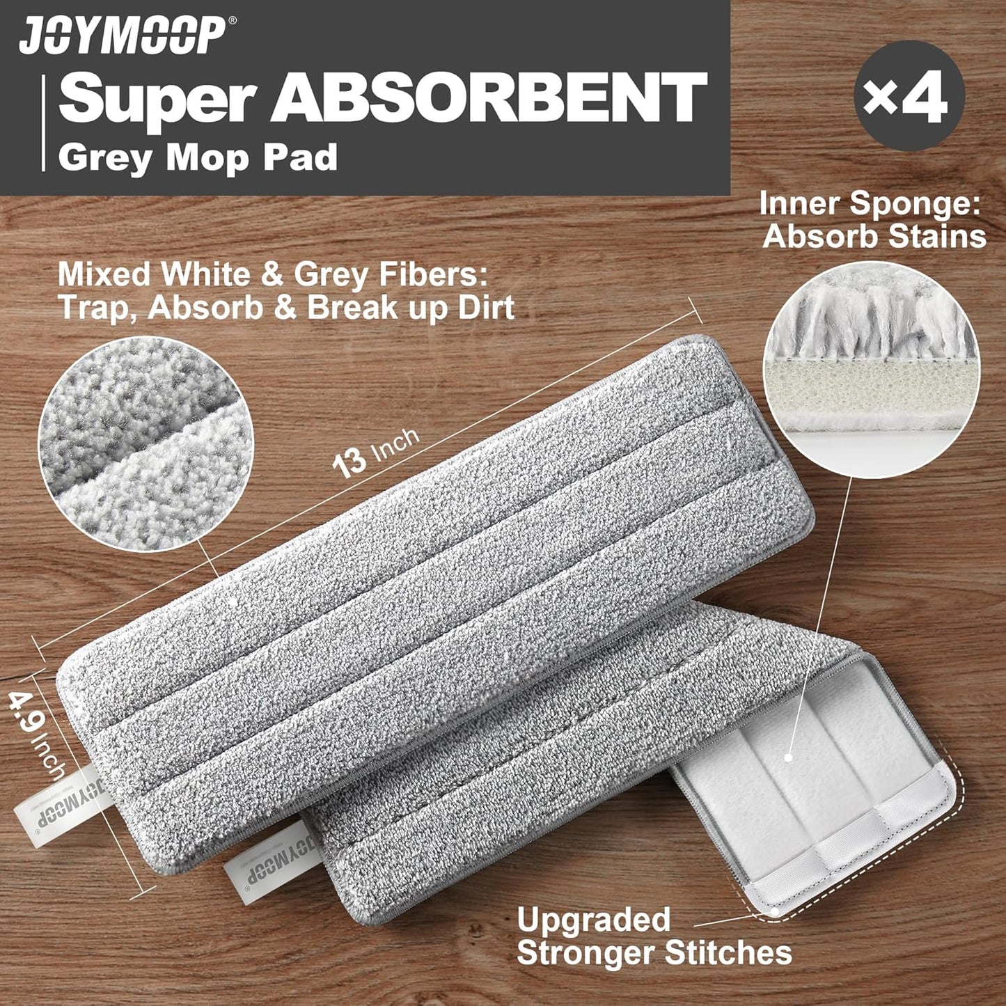 JOYMOOP Flat Mop Pads, Microfiber Mop Cleaning Pads, Washable Pads, Pads Replacement Flat Mop or Mop Bucket Set, Pack of 4 Refills 13inch - Grey and Stripe