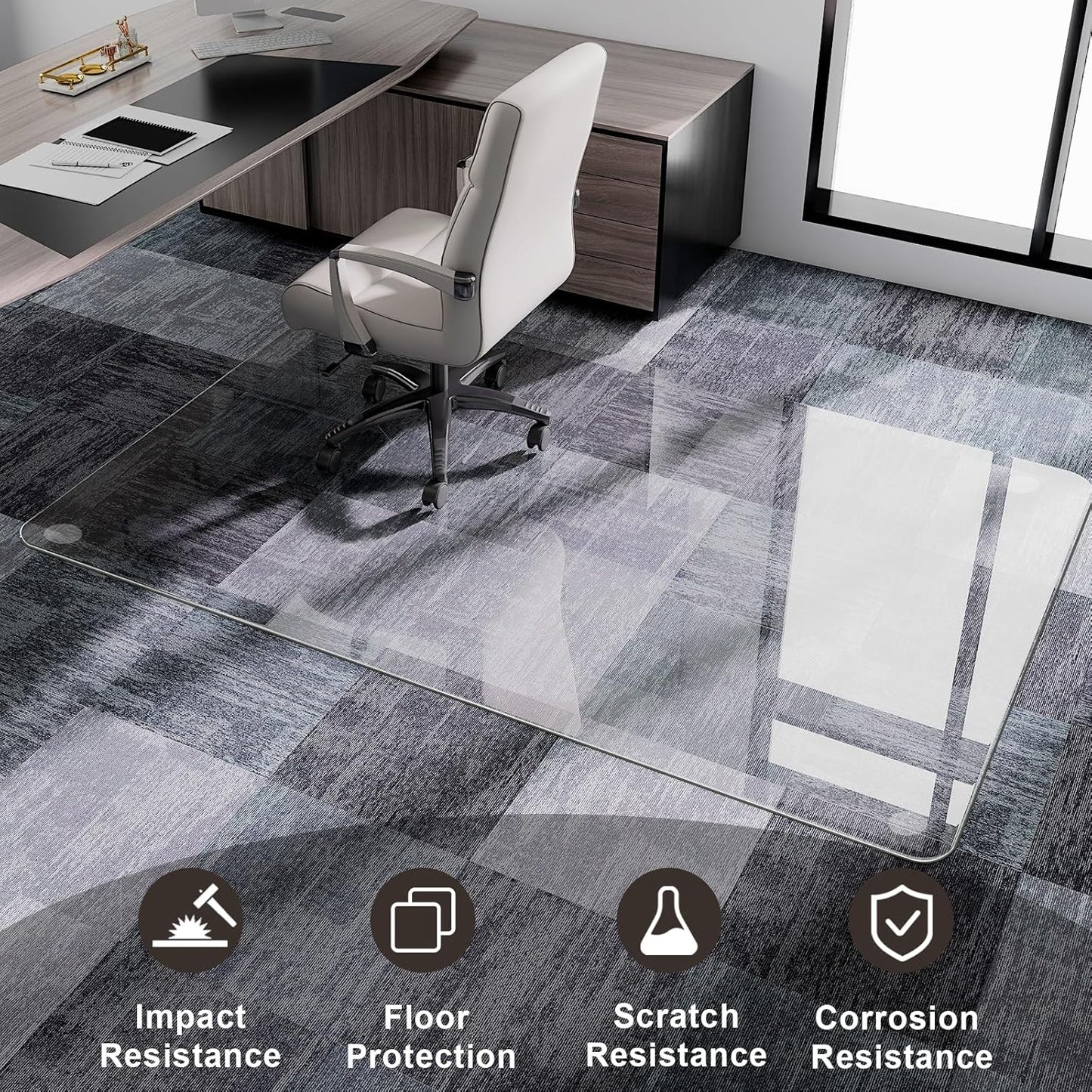 GLSLAND 47"x32" Tempered Glass Chair Mat Heavy-Duty Floor Protector for Carpet & Hard Floors Scratch-Resistant Office Computer Desk Mats Clear