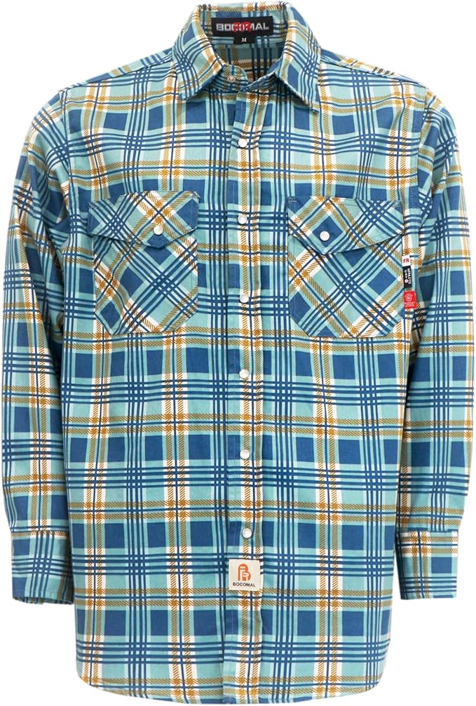 BOCOMAL FR Shirts for Men Printed Plaid Flame Resistant NFPA2112/CAT2 6.5oz Lightweight Fire Retardant Shirt