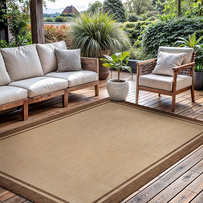 CAMILSON Outdoor Rug 6x9 Bordered Natural Brown Modern Area Rugs for Indoor and Outdoor Patios, Kitchen and Hallway Mats, Washable Porch Deck Outside Carpet (Border Jute, 6 x 9)
