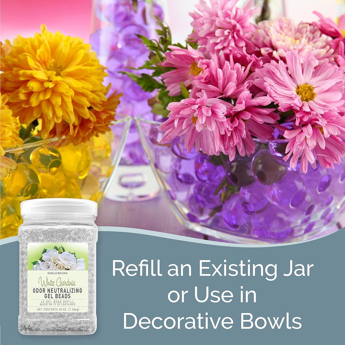 SMELLS BEGONE 48 oz Odor Eliminator Gel Bead Refill - Eliminates Odors from Bathrooms, Cars, Boats, RVs and Pet Areas - Air Freshener - Made with Essential Oils - White Gardenia Scent