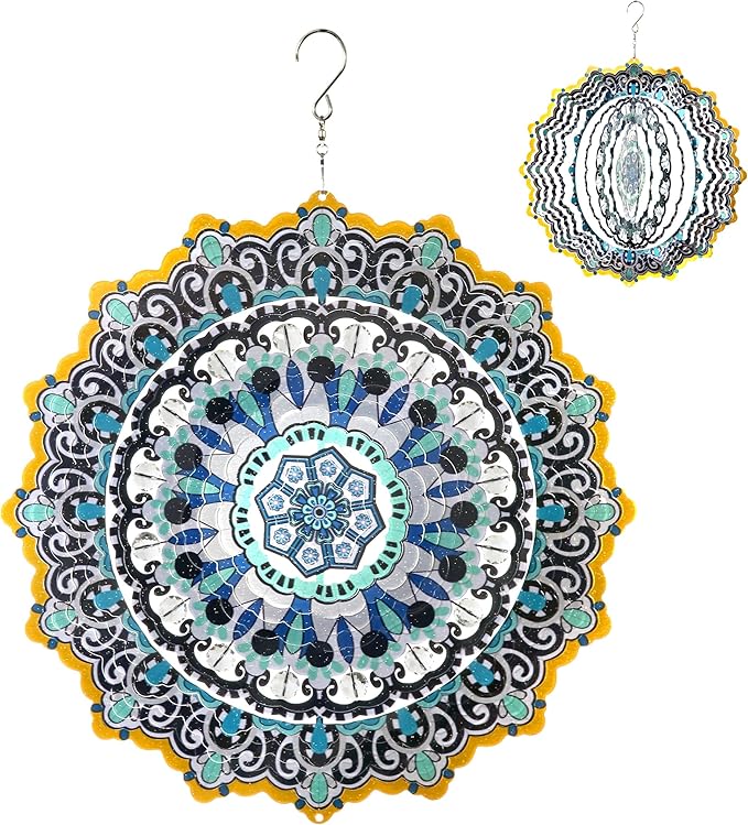Exhart Wind Spinner, Blue and Black Mandala Hanging Wind Sculpture, 3D Laser Cut Patterns with Bead Details, Metal Outdoor Garden Decoration, Multicolor Lawn and Yard Art, 12 Inch