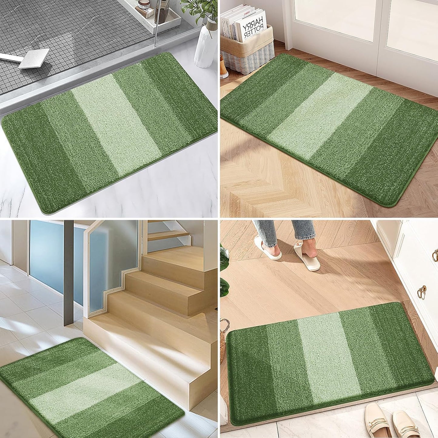 Kitinjoy Indoor Outdoor Door Mat, 40x32 Non-Slip Absorbent Dirt Trapper, Low-Profile Washable Inside Entrance Front Floor Mat, Sturdy Soft Entry Doormats for Entryway, Green
