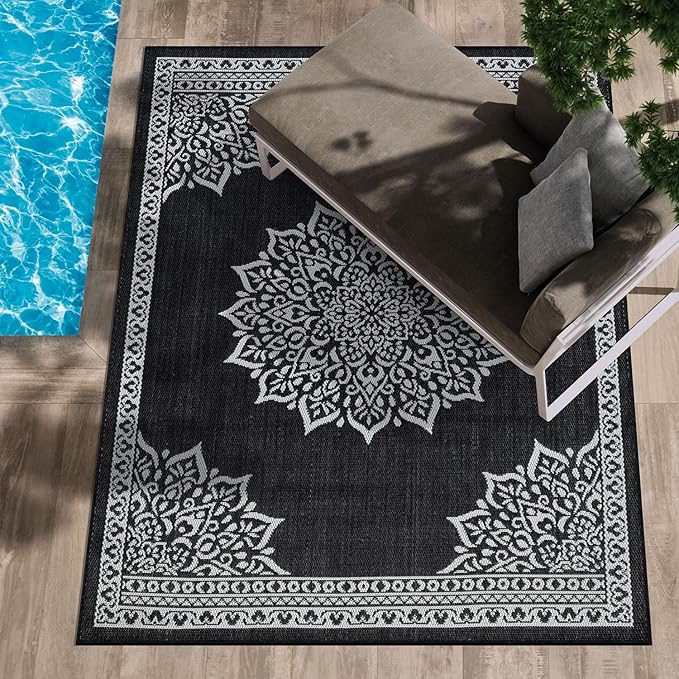 CAMILSON Outdoor Rug, 6x9 Medallion Black White Modern Area Rugs for Indoor and Outdoor Patios, Kitchen and Hallway Mats, Washable Porch Deck Outside Carpet (Medallion Black, 6 x 9)
