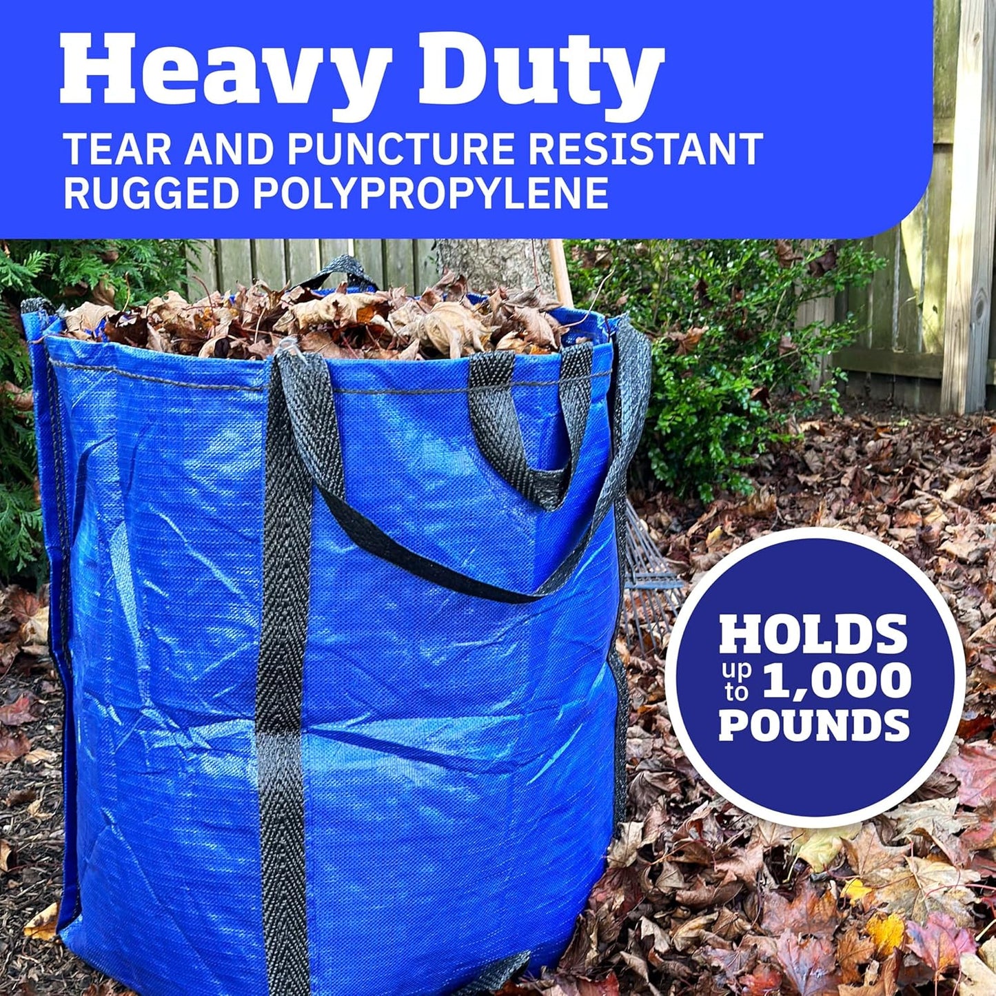 DURASACK Heavy Duty Home and Yard Bags 48-Gallon Reusable Self-Standing Lawn and Leaf Bags Garbage Can with Reinforced Handles, Blue, 3 Pack