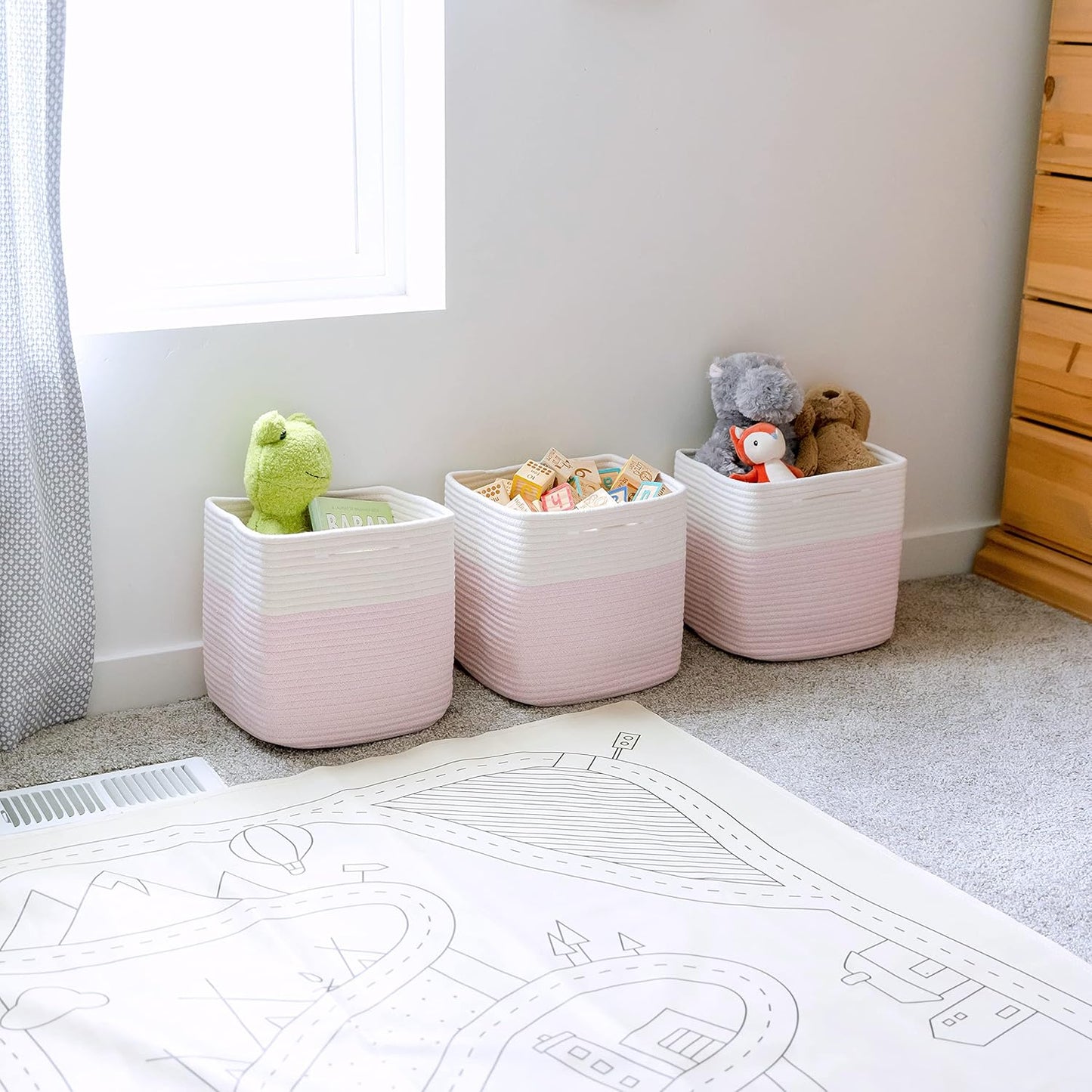 NaturalCozy Storage Cubes 11 Inch Cotton Rope Woven Baskets for Organizing, 3-Pack | Cube Storage Bin | Square Storage Baskets for Shelves Organizer, Classroom, Kids Toy Bins, Closet, Baby Nursery