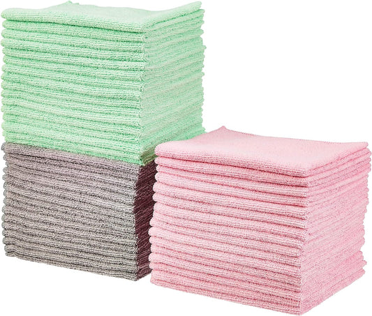 Amazon Basics Microfiber Cleaning Cloths, Non-Abrasive, Reusable and Washable, Pack of 48, Green/Gray/Pink, 16" x 12"