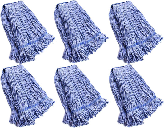 String Mop Heads Replacement Heavy Duty Commercial Grade Blue Cotton Looped End Wet Industrial Cleaning Mop Head Refills (6, Medium)