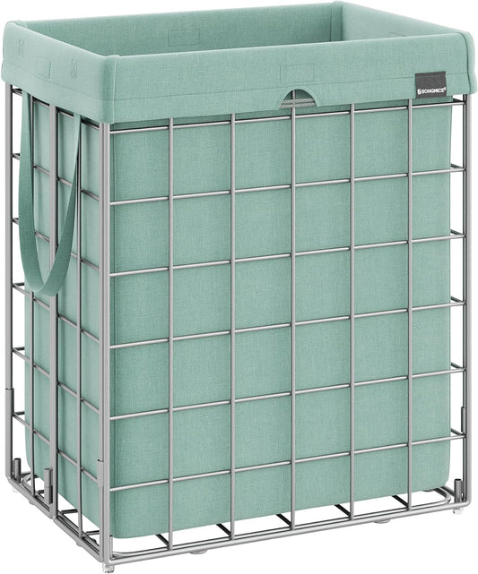 SONGMICS Laundry Hamper, 23.8 Gal. (90L) Laundry Basket, Collapsible Clothes Hamper, Removable and Washable Liner, Metal Wire Frame, for Bedroom Bathroom, Silver and Mint Green ULCB190C01