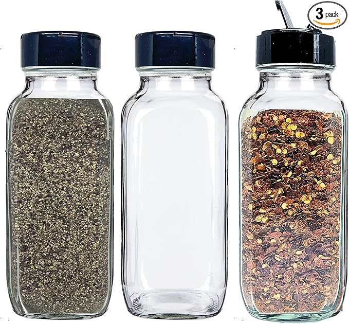 JARMING COLLECTIONS Glass Spice Jars with Shaker Lids - Spice Jars 16 oz for Food Storage, Spice Containers for Kitchen Organization and Storage, Bottles for Spices (Black - 16 Ounce 3 pack)