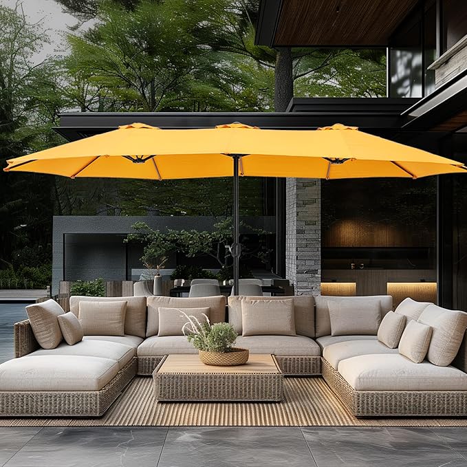 GREEN PARTY 15 ft Rectangle Patio Umbrella with Base Included, Double-Sided Table Umbrella with Crank, Large Outdoor Umbrellas for Patio Poolside Garden Backyard, Gold Yellow