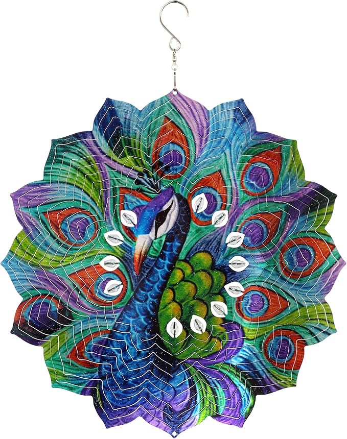 Exhart Wind Spinner, Peacock Mandala Hanging Wind Sculpture, 3D Laser Cut Patterns with Bead Details, Metal Outdoor Garden Decoration, Multicolor Lawn and Yard Art, 12 Inch