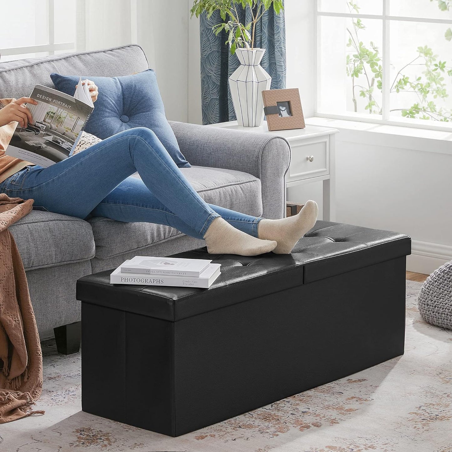 SONGMICS MAZIE Collection - 43 Inches Storage Ottoman Bench with Flipping Lid, Storage Chest with Iron Frame Support, Load 660 lb, for Living Room, Bedroom, Synthetic Leather, Black ULSF75BK