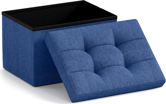 Ornavo Home Small Storage Ottoman Foldable Collapsible Rectangle Linen Ottoman Foot Rest Stool Seat, for Living Room, Bedroom, Home Office, Dorm - 12 x 16 x 12, Navy Blue
