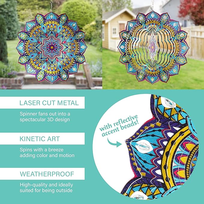 Exhart Wind Spinner, Starburst Mandala Wind Sculpture, 3D Laser Cut Patterns with Bead Details, Metal Outdoor Garden Decoration, Multicolor Lawn and Yard Art, 12 Inch