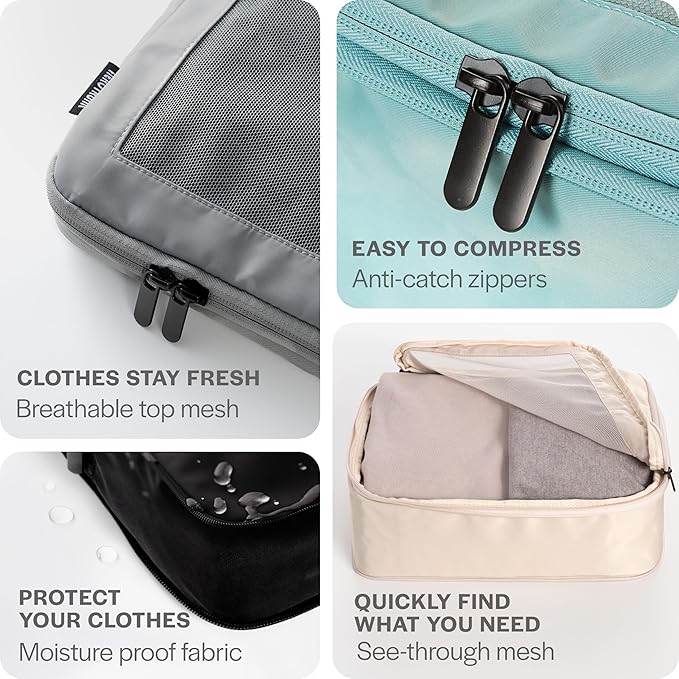 Compression Packing Cubes for Travel - Luggage Organizer Bags - Double Zipper Packing Cubes for Suitcases (6-Pack, Beige)