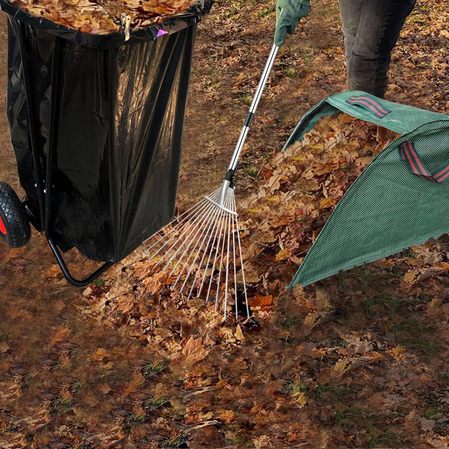 Mobile Trash Bag Holder Outdoor Lawn Leaf Bag Holder with Leaf Chute Metal Rake & 15 Count 39 Gallon Drawstring Trash Bags | Holds 35-65 Gallon Leaf Bags for Leaves Weeding Camping Party
