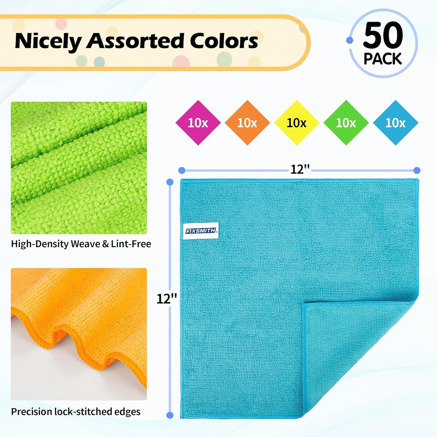 FIXSMITH Microfiber Cleaning Cloth, 50 Pack Cleaning Rags, Cleaning Towels for Housekeeping, Kitchen, Car, Lint-Free, Reusable Shop Towels with 5 Colors (Green/Blue/Yellow/Orange/Pink), 12"X12"