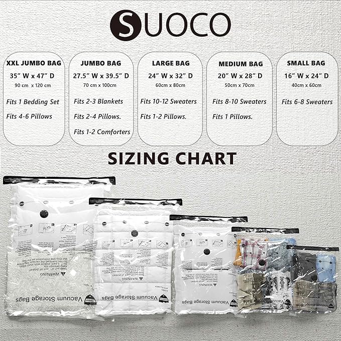 SUOCO 8 Jumbo Vacuum Storage Bags, Vacuum Seal Bags for Clothing, Travel Space Saver Bags for Luggage Clothes Pillows Comforters Blankets Bedding