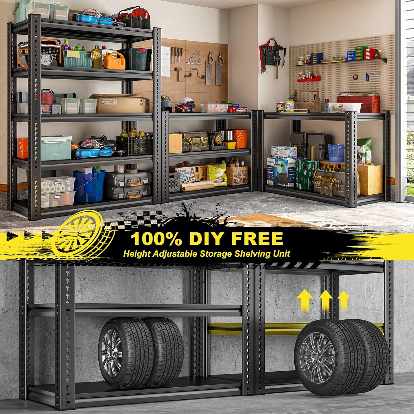 REIBII Garage Shelving Load 2000 LBS, Adjustable 5-Tier Storage Shelves, Metal Shelving Units and Storage Rack Shelf for Garage, Basement, Kitchen, 32" W x 17" D x 72" H, Black