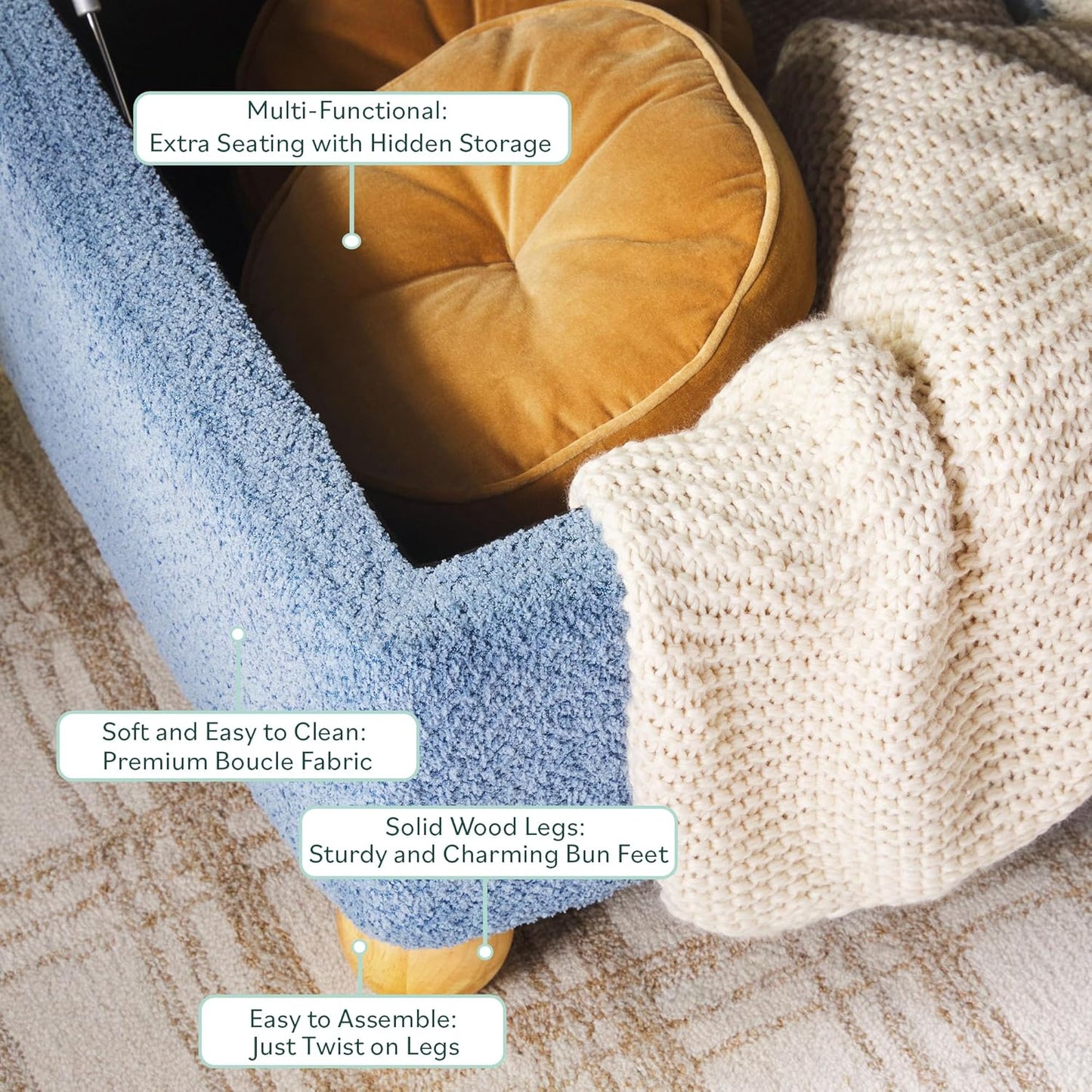 Walker Edison Linley Contemporary Large Storage Bouclé Ottoman with Wood Legs, Soft Blue