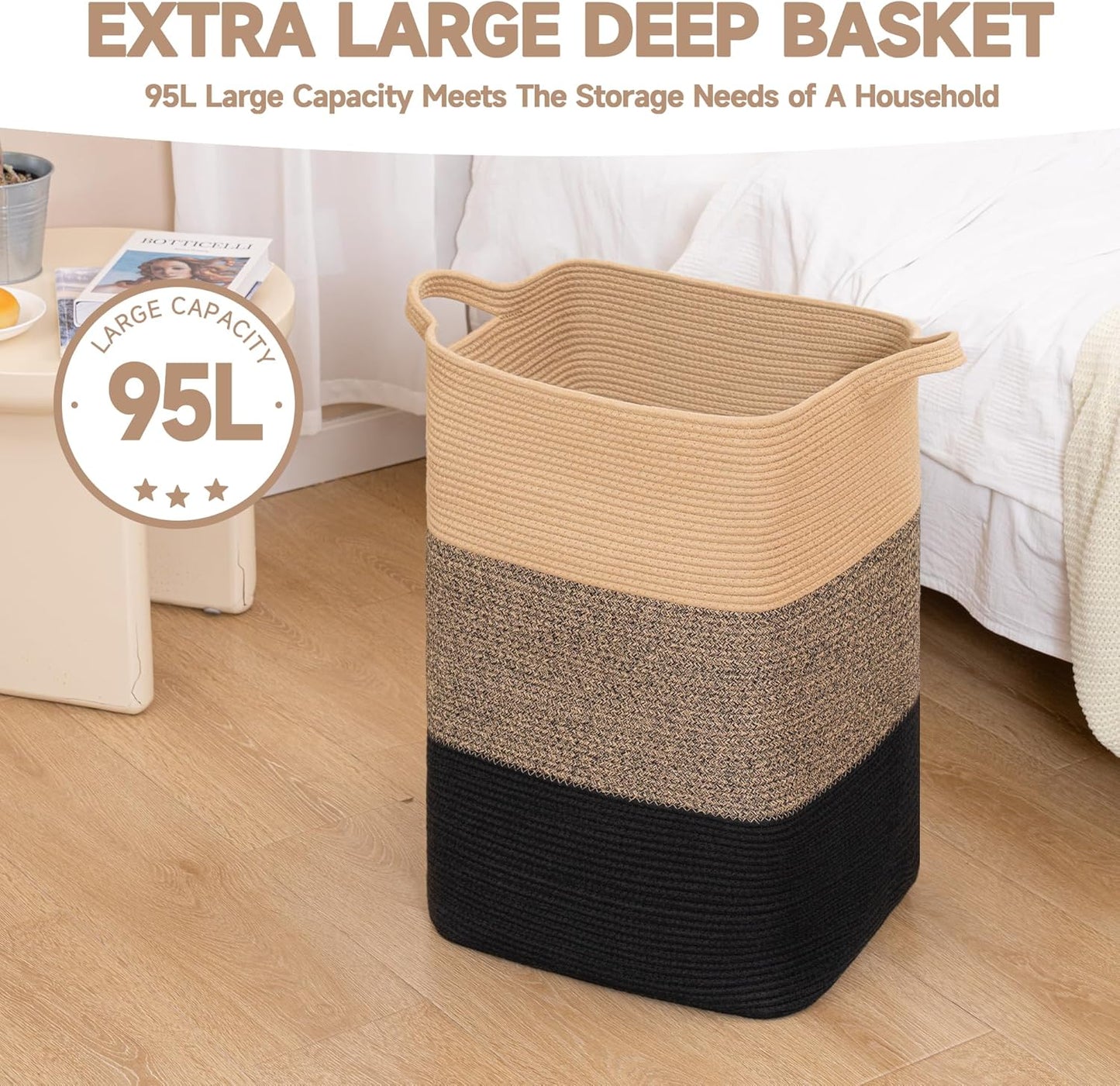 CLHMILY&Z 95L Laundry Basket Rectangular Black Jute Rope - 16x15x24 Inches - Dirty Clothes and Soft Storage Bin for Blankets, Toys, and Nursery Essentials