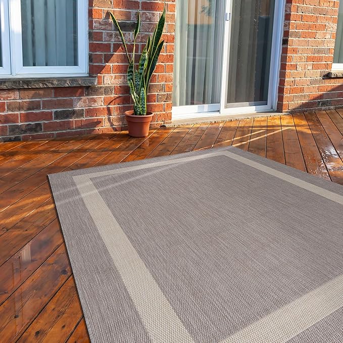 CAMILSON Outdoor Rug 6x9,Modern Outside Rugs for Patios Porches Waterproof Durable Washable Non-Shedding, Easy-to-Clean Indoor Outdoor Area Carpet (6 x 9, Bordered - Gray/White)