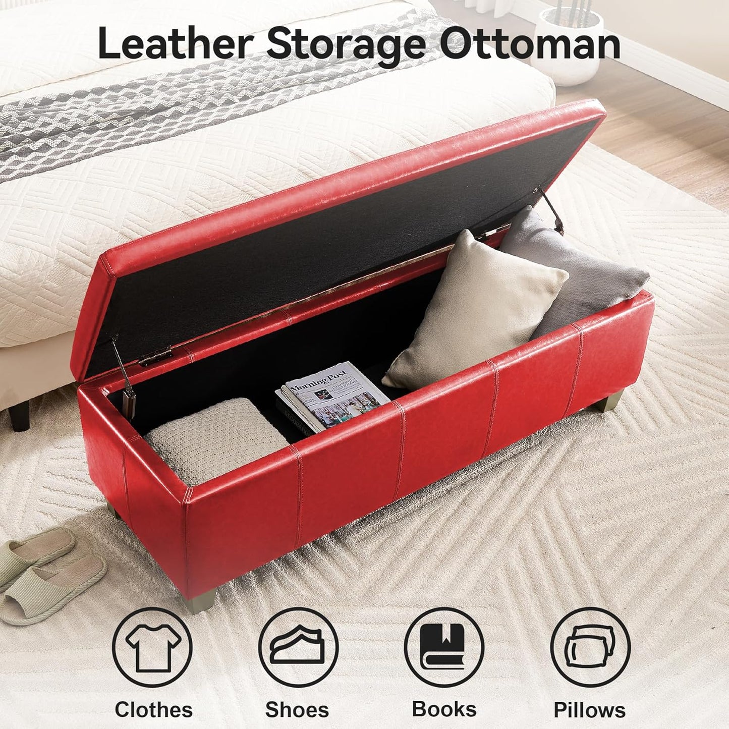 41" Faux Leather Storage Ottoman, Stitch Tufted Rectangle Upholstered End of Bed Storage Bench, Entryway Large Couch Ottoman with Wooden Legs,Red