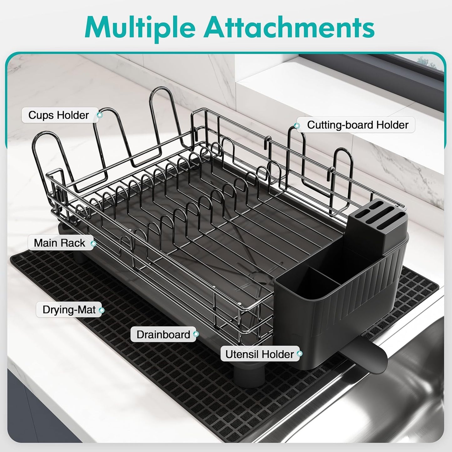 JASIWAY Black Stainless Steel Dish Drainers Drying Rack for Kitchen Counter with Drainboard Set, Rust Proof Metal, Space Saving, Modern Aesthetic, Compact Plates Strainers with Extra Mat