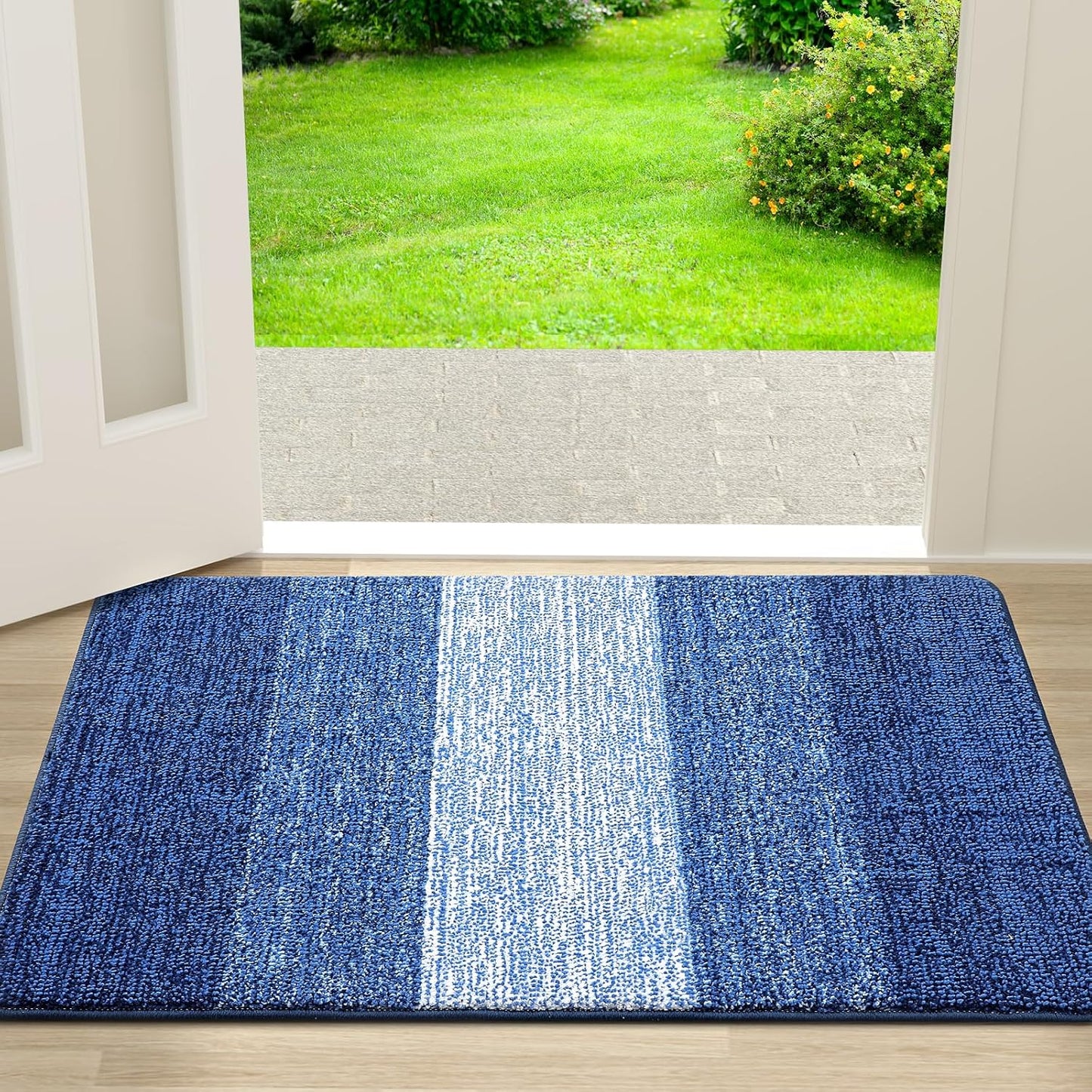 Kitinjoy Indoor Outdoor Door Mat, 30x17 Non-Slip Absorbent Dirt Trapper, Low-Profile Washable Inside Entrance Front Floor Mat, Sturdy Soft Entry Doormats for Entryway, Navy Blue