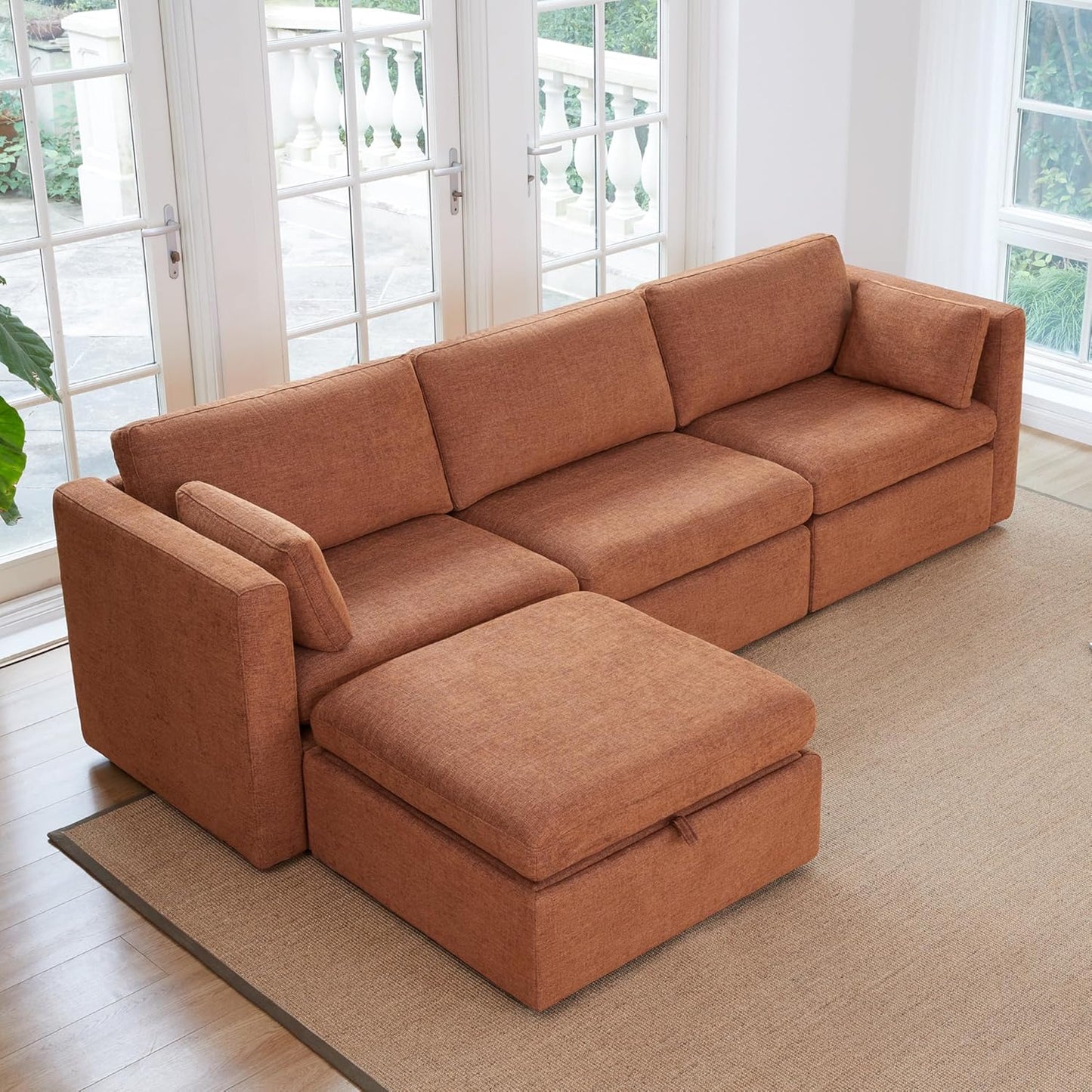 CHITA Modular Sectional Sofa, FSC Certified L Shaped Cloud Couch, Modular Sectional Couch, 112 inch Width,4 Seat Modular Sofa with Storage Ottoman, Terracotta