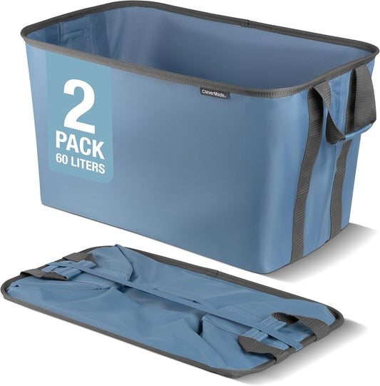 CleverMade Collapsible Laundry Basket Hamper - Denim Shadow Gray 2-Pack 60L - Space Saving Storage Organizer with Handles Foldable Home Organization