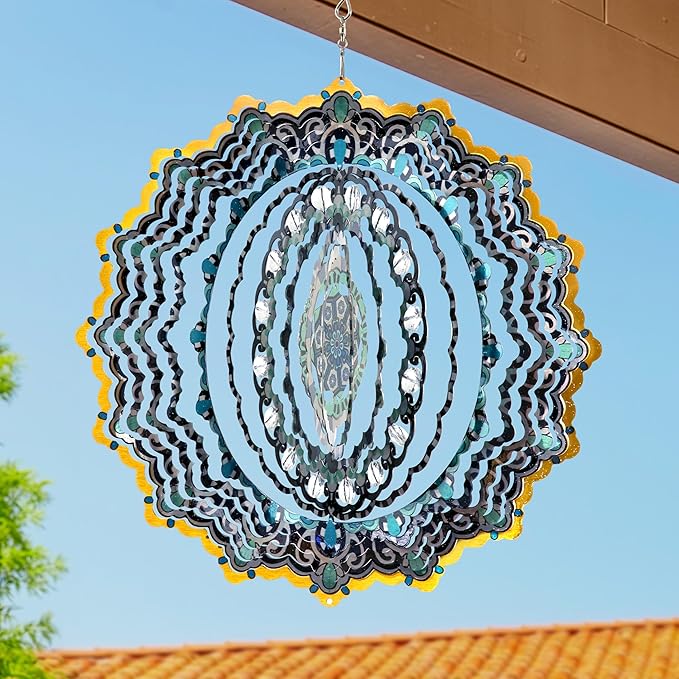 Exhart Wind Spinner, Blue and Black Mandala Hanging Wind Sculpture, 3D Laser Cut Patterns with Bead Details, Metal Outdoor Garden Decoration, Multicolor Lawn and Yard Art, 12 Inch