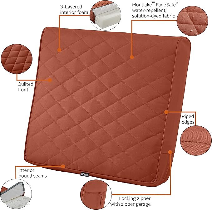Classic Accessories Montlake FadeSafe Water-Resistant 25 x 22 x 4 Inch Wide Back Patio Quilted Lounge Cushion, Spice