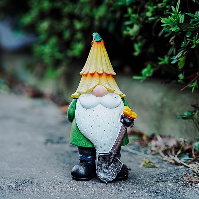 Topadorn Garden Gnome Outdoor Gnome Statue Resin Sculpture Outdoor Figurine with Yellow Hat for Garden Decoration, 11 Inch