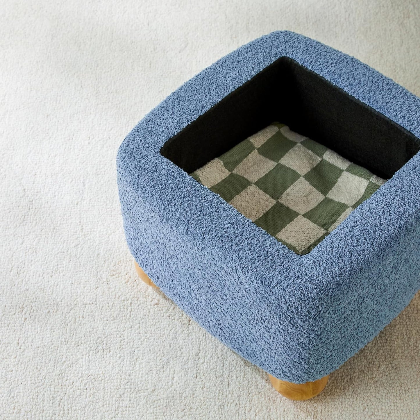 Walker Edison Linley Contemporary Small Storage Bouclé Ottoman with Wood Legs, Soft Blue