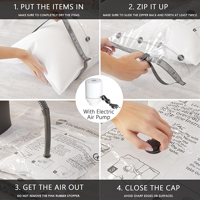 SUOCO 8 Combo Vacuum Storage Bags with Electric Pump, (2 Jumbo, 2 Large, 2 Medium, 2 Small) Travel Clothes Space Saver Bags, Compression Airtight Seal Bags for Clothing, Pillows, Comforters, Blankets