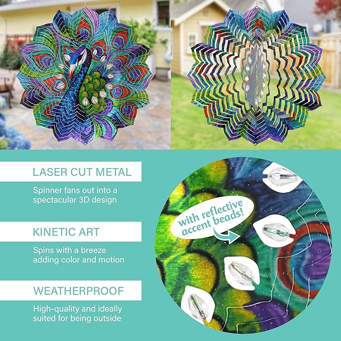 Exhart Wind Spinner, Peacock Mandala Hanging Wind Sculpture, 3D Laser Cut Patterns with Bead Details, Metal Outdoor Garden Decoration, Multicolor Lawn and Yard Art, 12 Inch