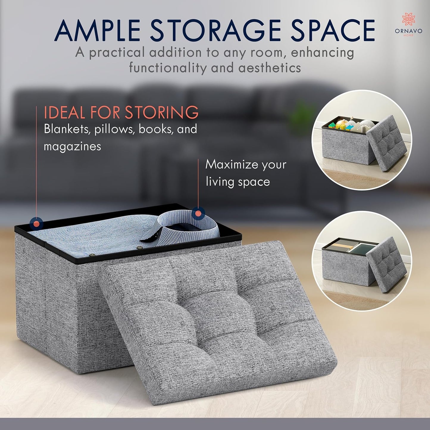 Ornavo Home Small Storage Ottoman Foldable Collapsible Rectangle Linen Ottoman Foot Rest Stool Seat, for Living Room, Bedroom, Home Office, Dorm - 12 x 16 x 12, Gray