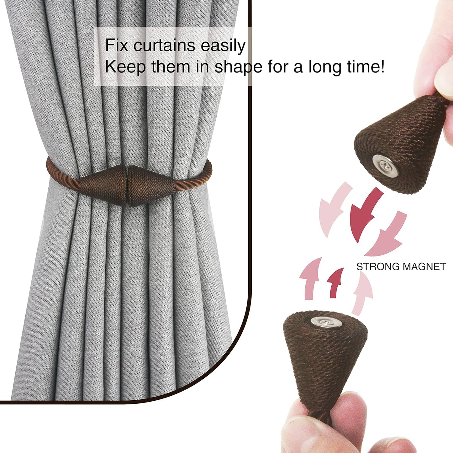 4 Pack Magnetic Curtain Tiebacks Rope Modern Handmade Curtain Tie Backs Decorative Drapes Weave Holdbacks for Window Décor, Coffee