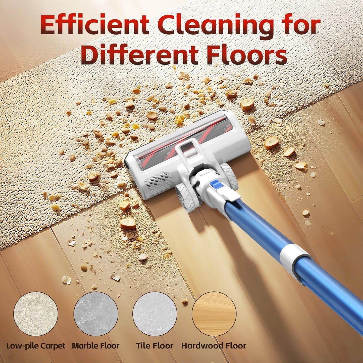 Cordless Vacuum Cleaner for Home, 45Kpa Lightweight Stick Vacuum with Powerful Suction, Rechargeable Battery Up to 50mins, Handheld Vacuum Cleaners for Hardwood Floors, Carpets, Pet Hair - Red