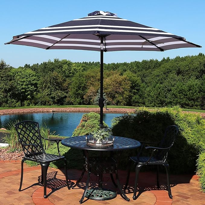 Sunnydaze Outdoor Patio Umbrella - Polyester Table Market Umbrella with Push-Button Tilt and Crank - 8 Sturdy Ribs - Navy Blue Stripe - 9ft