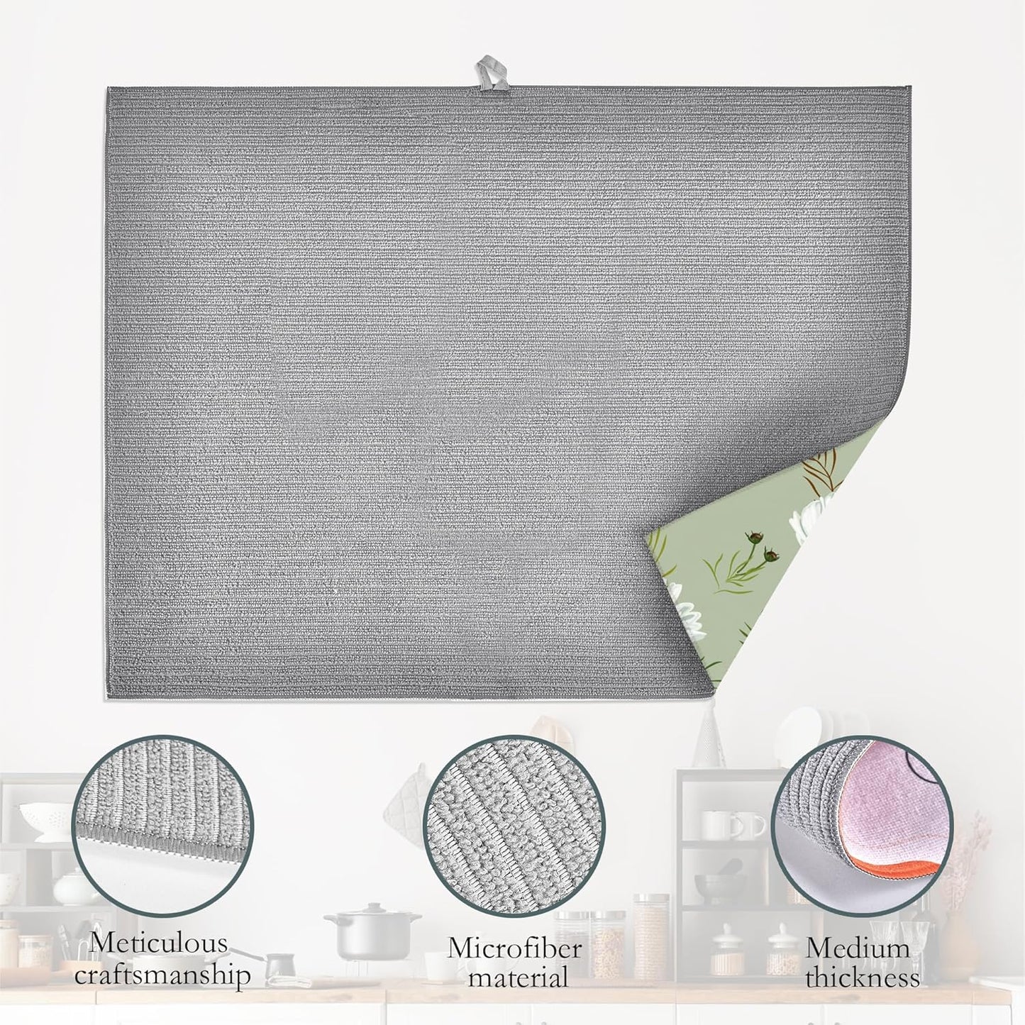 White Daisy Flowers Dish Drying Rack Mat for Kitchen Counter, Dish Drying Pad Absorbent Reversible Microfiber Protector for Coffee Bar Sink Countertops 18x24 Inch