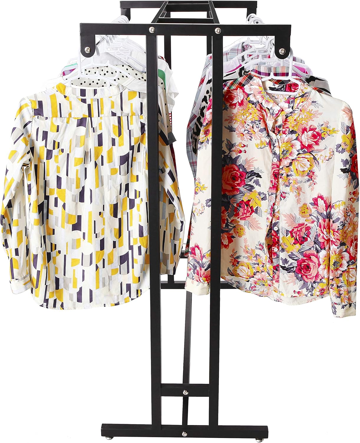 MyGift Black Stainless Steel Freestanding Garment Rack, Heavy Duty Double Rod Clothes Rack Clothing Hanger Stand with Storage Display Shelf