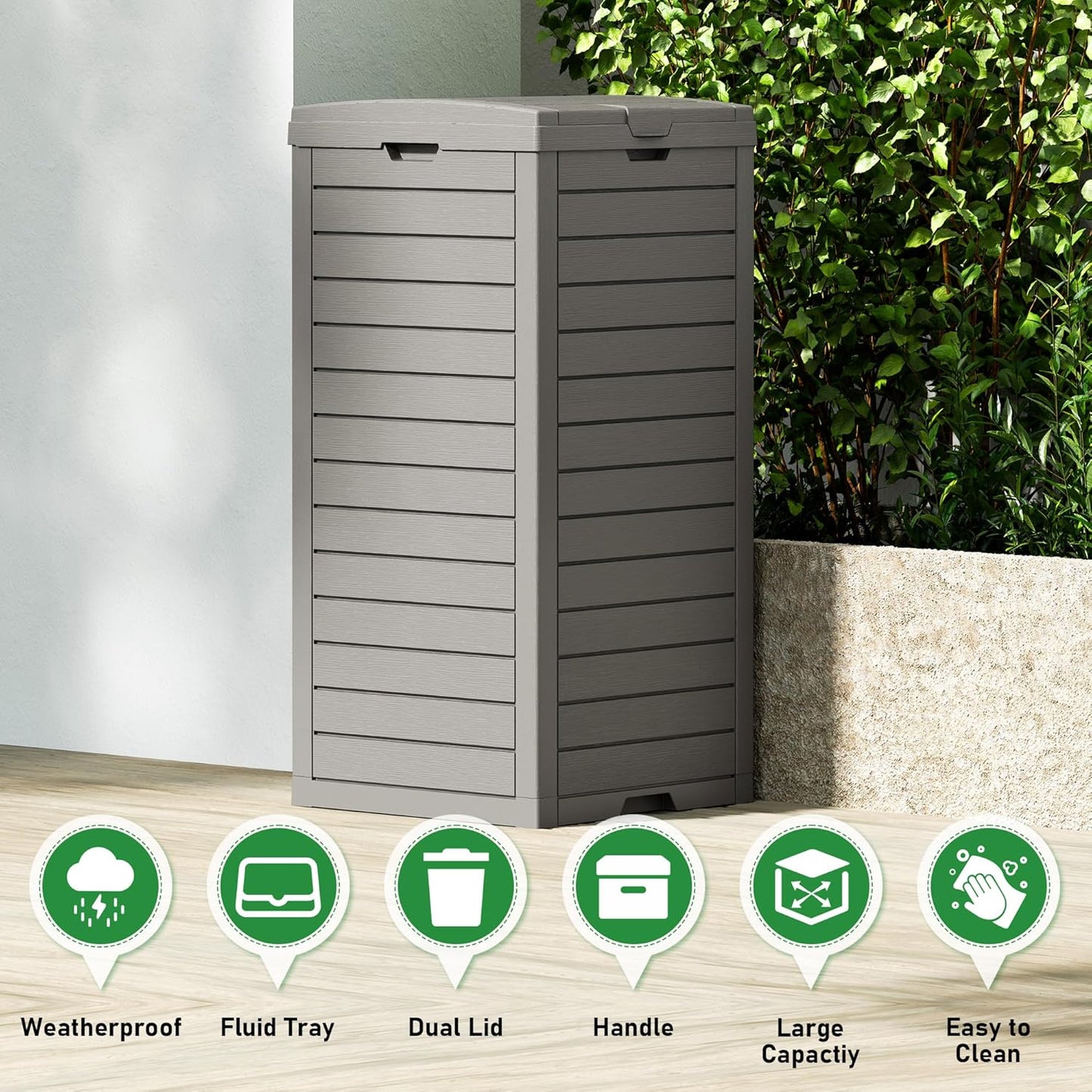 NUNU LAB 31 Gal Outdoor Trash Can with Lid - Heavy Duty Waterproof Resin, Removable Drip Tray, Fits 33-40 Gallon Bags - Large Garbage Bin for Patio, Backyard, Deck