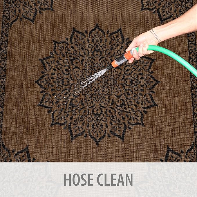 CAMILSON Outdoor Rug 8x10 Medallion Nut Brown Black Modern Area Rugs for Indoor and Outdoor Patios, Kitchen and Hallway Rug, Washable Porch Deck Outside Carpet (8 x 10)